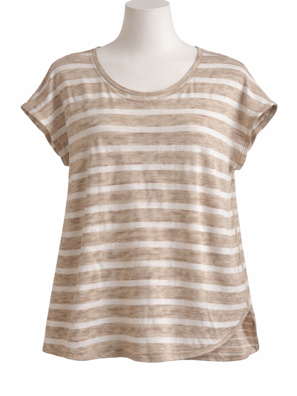 Athleta XL Beige White Striped Tee Relaxed Fit Short Sleeve Casual Top